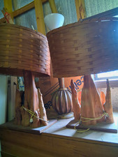 Pair Vintage Mid-Century Modern Cypress Root  Table Lamps Organic Woven Shade picture