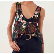 Ecote Urban Outfitters Babydoll Top Women XS Black Floral Peplum V-Neck Blouse picture