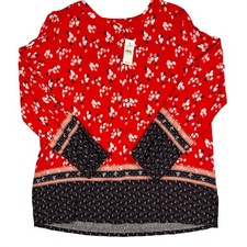LOFT Red Floral Tulip Henley Blouse Long Sleeve Border Print Top Large NWT picture