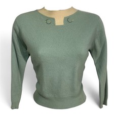 Vintage 1950s Pringle of Scotland Seafoam Green & Cream Cashmere Sweater XS picture