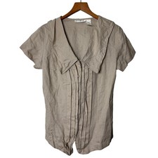Martinique Ramie Linen Tan Short Sleeve Pintuck Button Up Top Womens Medium picture