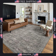 Boho Area Rug 5x7 Faux Wool Vintage Floral Geometric Non-Slip Taupe Grey picture