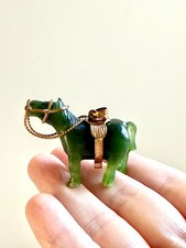 Vintage Green Carved Jade Jadeite Horse Gold Tone Pendant picture