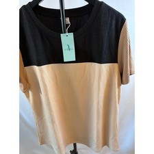 Wiholl Womens Colorblock Ribbed Knit T-Shirt XL Black Tan Mauve Short Sleeve picture