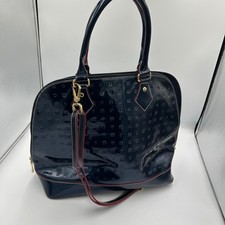 Arcadia Satchel Bag Womens Large Navy Blue Patent Leather Embossed Logo Italy picture