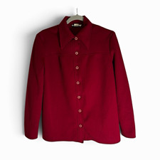 Vtg 70s Red Ribbed Knit Long Sleeve Dagger Collar Button Up Shirt Goblincore Med picture
