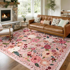 8x10 Washable Area 8' x 10' (Rectangular), Dusty Pink, Coral, Cream and Green picture