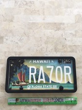 Rare Deal HAWAII POLYNESIAN VOYAGER LICENSE PLATE & Frame Hides Ugly Bolt Holes picture