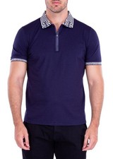 BESPOKE Moda Men's Navy 1/4 zippered Short Sleeves Polo Shirt Greek key pattern picture