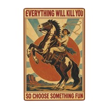 Vintage Western Rustic Cowgirl Riding Horse with Lasso Metal Sign 8x12 Inch picture