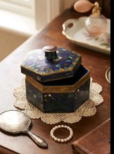 Vintage Chinese Cloisonné Hexagon Trinket Box - Brass Base, Floral & Bird Motif picture