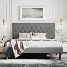 Full Size Dark Grey Linen Upholstered Platform Bed with Button-Tufted Headboard picture
