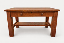Antique Quarter Sawn Oak Mission Library Table w/ Drawer & Glass Top Office picture