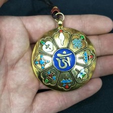 BLESSED TIBETAN GOLDEN GILT PENDANT : 8 TREASURES LOTUS ZODIAC SIDPAHO MANDALA  picture