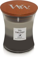 Woodwick Medium Trilogy Warm Woods Candle Fireside Redwood Sandalwood Clove picture