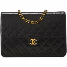 CHANEL Classic Single Flap Medium Black Quilted Leather Gold Chain Shoulder Bag picture