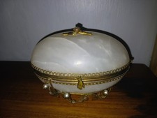 Unusual Antique Alabaster And Brass Casket Trinket Box Jewellery Box Egg Shaped  picture