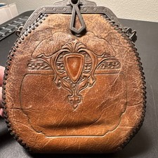 Antique 1920s Art Nouveau Tooled Leather Purse JEMCO Frame Original Mirror Mint picture