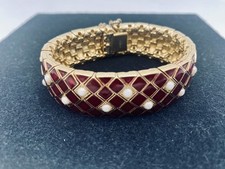 Signed Ciner Wide Bracelet Red Enamel Rhinestone Lattice Gold Tone Vintage picture