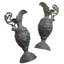 Antique Pair Victorian Decorative Cast Spelter Metal Urns Ewers Putti Motif picture