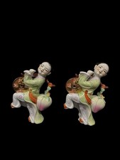 2 VTG ANTIQUE ASIAN CHINESE PORCELAIN FIGURINE MARCHING PLAYING DRUM picture