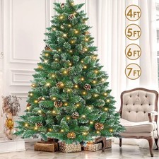 4/5/6/7Ft Artificial Snow Flocked Christmas Tree with Lights & Pine Cones Bushy picture
