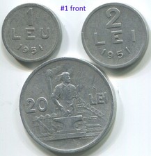 Romania 1951, 1 Leu + 2 Lei + 5 Lei, KM#78a KM#79a KM#80, lot of 3 scarce coins. picture