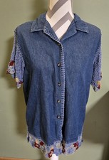 Vintage Jane Ashley Denim Shirt Size Small Crochet Floral Sleeve Hem Boho S picture