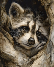 Raccoon Peeking from a Weathered Tree Hollow Print - 434841836 picture