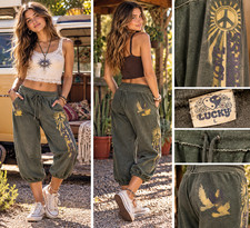 Lucky Brand Vintage Y2K 70's Hippie style Sweatpants Draw String Green Large picture