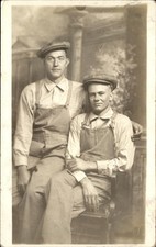 Two young men in caps & Denim Overalls Walper Studio Boston c1910s RPPC bhn picture