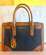 Michael Kors Blue/Brown Logo Satchel Top Handle Zip Gold Hardware Charm picture