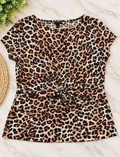 Ann Taylor Factory Leopard Animal Print Twist Front Round Neck Blouse L picture
