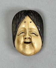 Antique Edo Japanese Stag Horn Netsuke Okame Noh Mask Sagemono 19th Century RARE picture