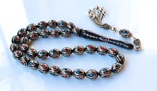 Original Erzurum Oltu, Turquoise, Red Coral and 1000K Silver Inlay Prayer Beads picture