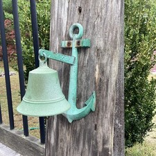 Vintage Natural Ocean Green Patina Solid Brass Anchor & Bell Wall Mount  picture