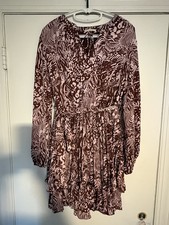 Skies Are Blue Dress L Brown Pink Animal Floral Print Tiered Tie Waist Boho picture