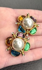 Monet 80s Colorful Mogul Rhinestones Faux Pearl Chunky Vintage Pierced Earrings picture