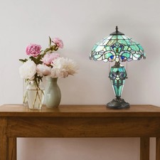 Tiffany Style Table Lamp Green Blue Victorian Stained Glass Double Light 20