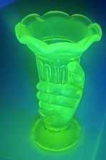 Fenton Glass Co Vaseline/Uranium Opalescent Miniature Hand Bud Vase Novelty-MCM picture