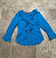 Oscar de la Renta blue ruffle blouse with ruffled collar and cuffs, size 8 picture