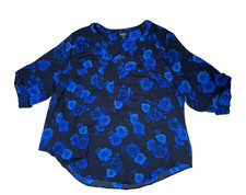 Torrid Harper Blouse Size 2 Black Blue Rose Floral Chiffon V-Neck Roll Tab picture