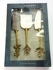 Anthropologie May We Present Botanical Cheese Knives Set of 3 Gold NIB - Floral picture