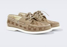 Gucci GG Monogram Canvas Boat Shoes Beige/Brown Lace Up Rubber Sole US 7.5 picture