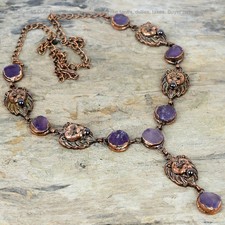 Copper African Amethyst Rough Stone Chain Electroformed And Lion Face Necklace picture
