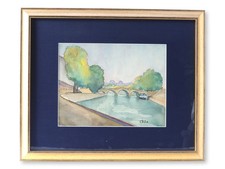 Framed Parisian Watercolor – River Scene with Bridge picture