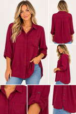 Chico's Burgundy Solid Button-Up Collared Roll Tab 3/4 Sleeve Shirt Size 2 picture