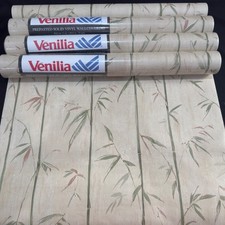NOS MCM Vintage Venilia Bamboo Vinyl Wallpaper Prepasted Beige Green 4 Rolls picture