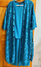 Roaman's Blue Floral Lace 3-Piece Pantsuit Jacket Top Pants Plus 18W picture