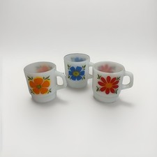 3 Vtg FIRE KING Stackable FLOWER POWER Mugs Anchor Hocking Same Flower Both Side picture